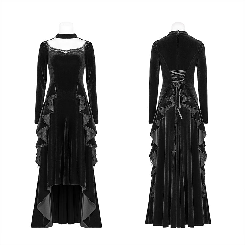 OQ-417 Gothic Daily Women Long Sleeve Velvet High-low Long Dress With Lace