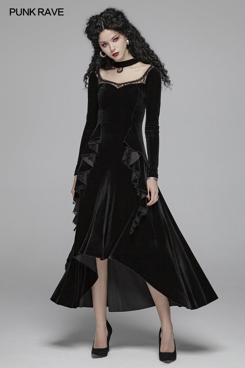 OQ-417 Gothic Daily Women Long Sleeve Velvet High-low Long Dress With Lace