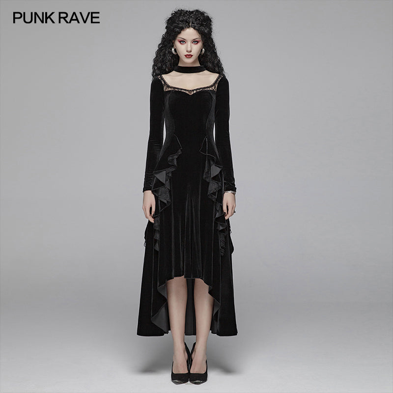 OQ-417 Gothic Daily Women Long Sleeve Velvet High-low Long Dress With Lace