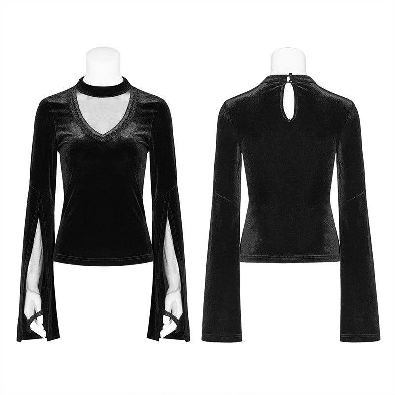 OT-568 Women Gothic Double Layer Sleeve Velvet Tulle T-shirt