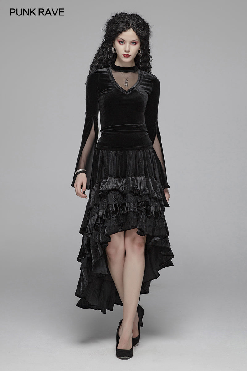 OT-568 Women Gothic Double Layer Sleeve Velvet Tulle T-shirt