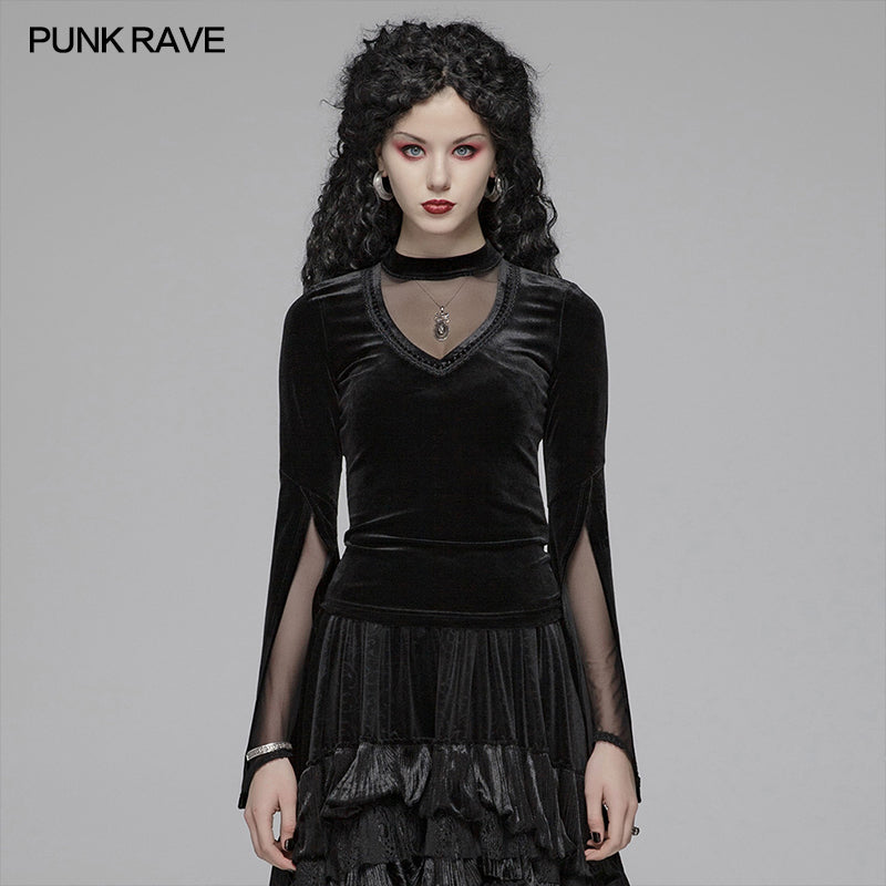 OT-568 Women Gothic Double Layer Sleeve Velvet Tulle T-shirt