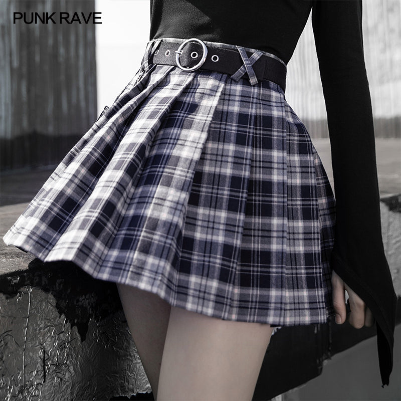 OPQ-710BQF Belt pleated plaid half skirt