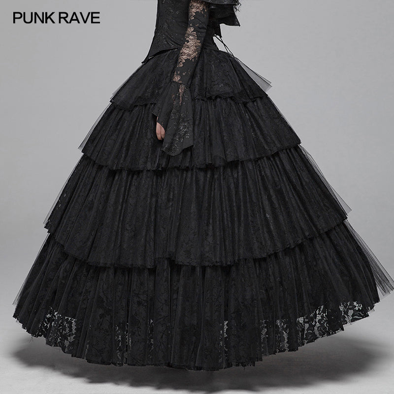 WQ-426 Dark Gothic Long Lace Tiered Skirt Ball Gown Dress