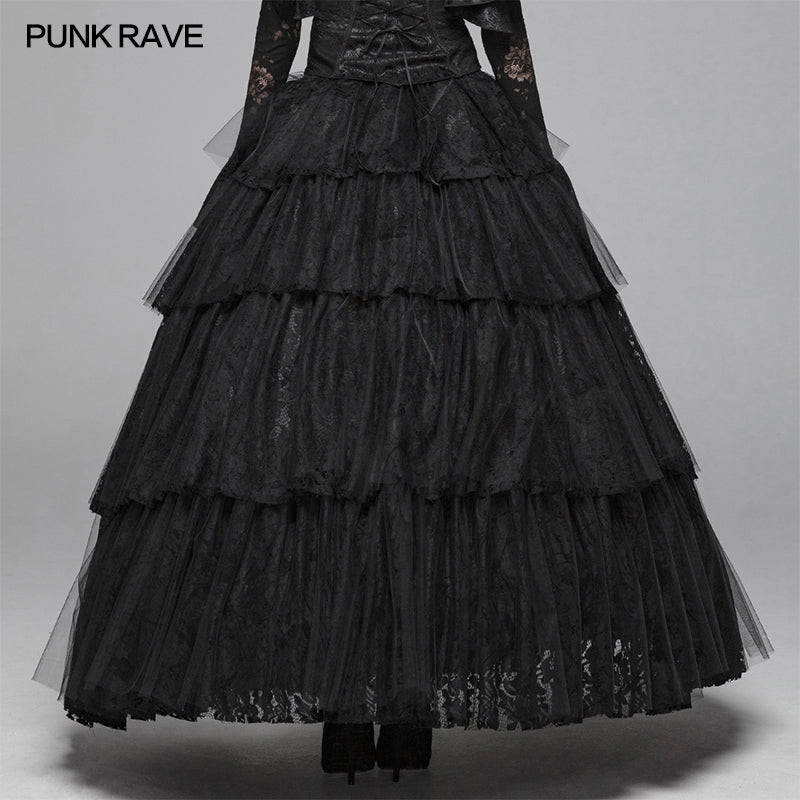 WQ-426 Dark Gothic Long Lace Tiered Skirt Ball Gown Dress