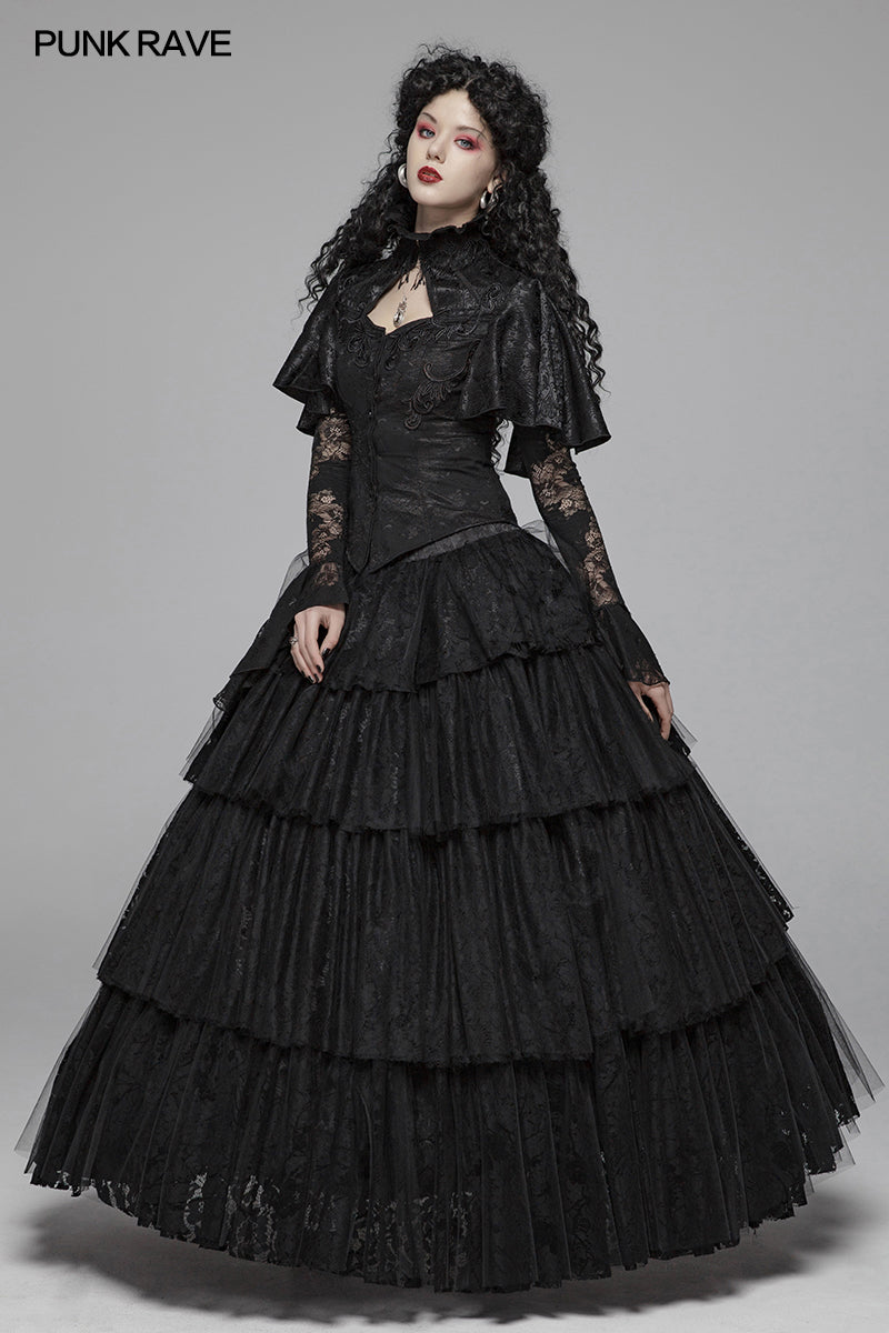 WQ-426 Dark Gothic Long Lace Tiered Skirt Ball Gown Dress