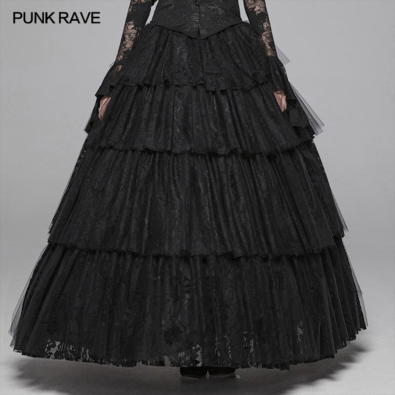 WQ-426 Dark Gothic Long Lace Tiered Skirt Ball Gown Dress