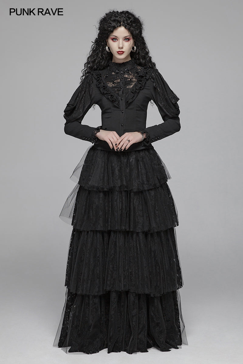 WY-1042 Gothic Long Shirt With Irregular Hollow-out Lace Design For Women