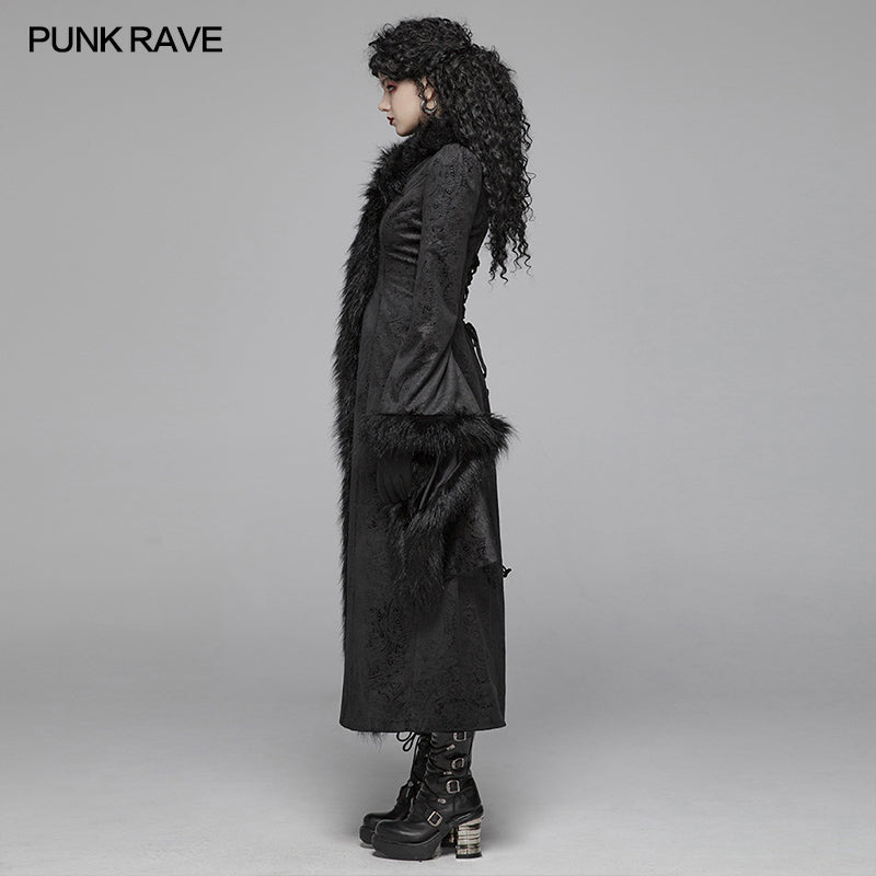 WY-1036 Gothic Gorgeous Fur High Collar Jacquard Long Coat