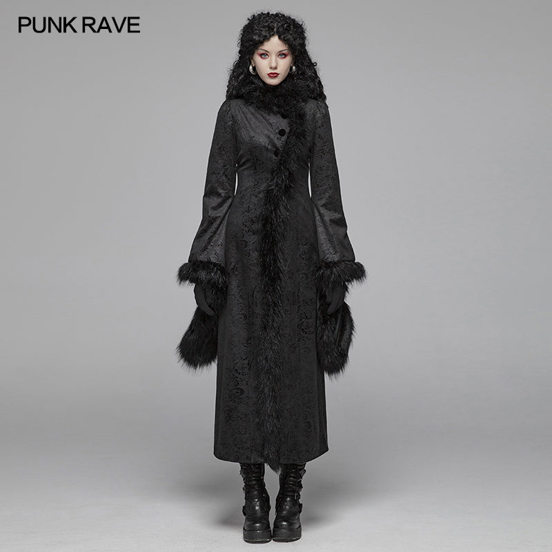 WY-1036 Gothic Gorgeous Fur High Collar Jacquard Long Coat