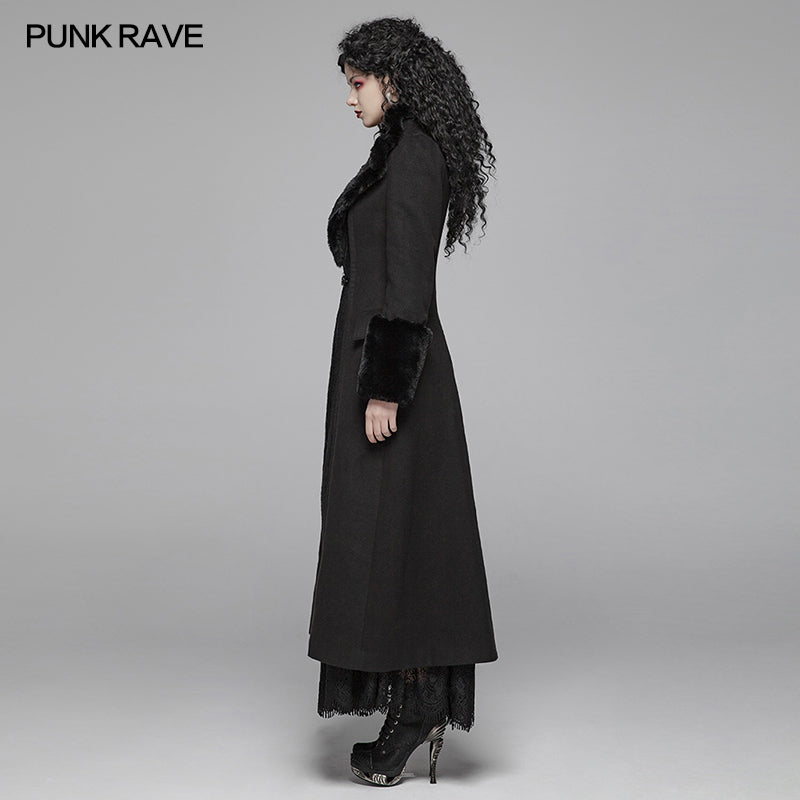 WY-1040 Gothic Women Gorgeous V-neck Long Coat With Detachable Imitation Wool Cuffs