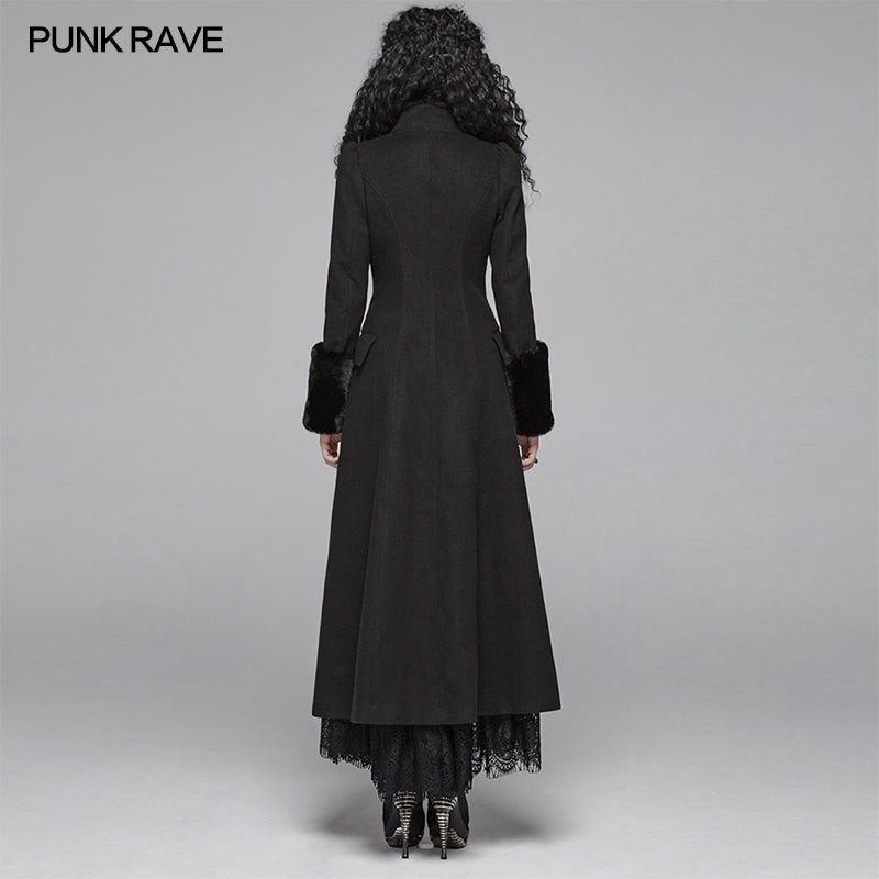 WY-1040 Gothic Women Gorgeous V-neck Long Coat With Detachable Imitation Wool Cuffs