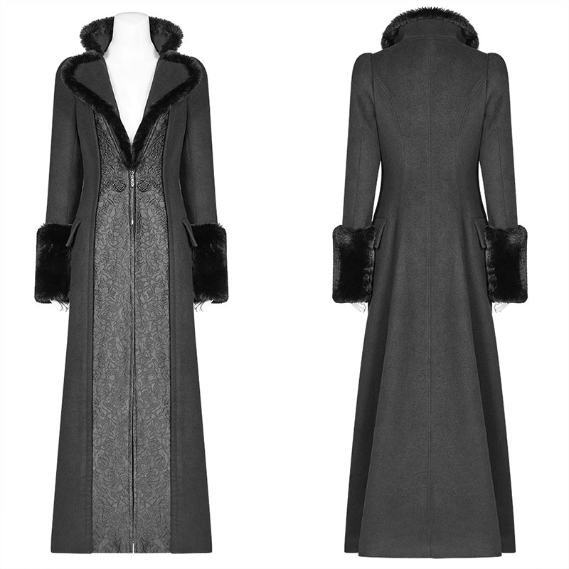 WY-1040 Gothic Women Gorgeous V-neck Long Coat With Detachable Imitation Wool Cuffs