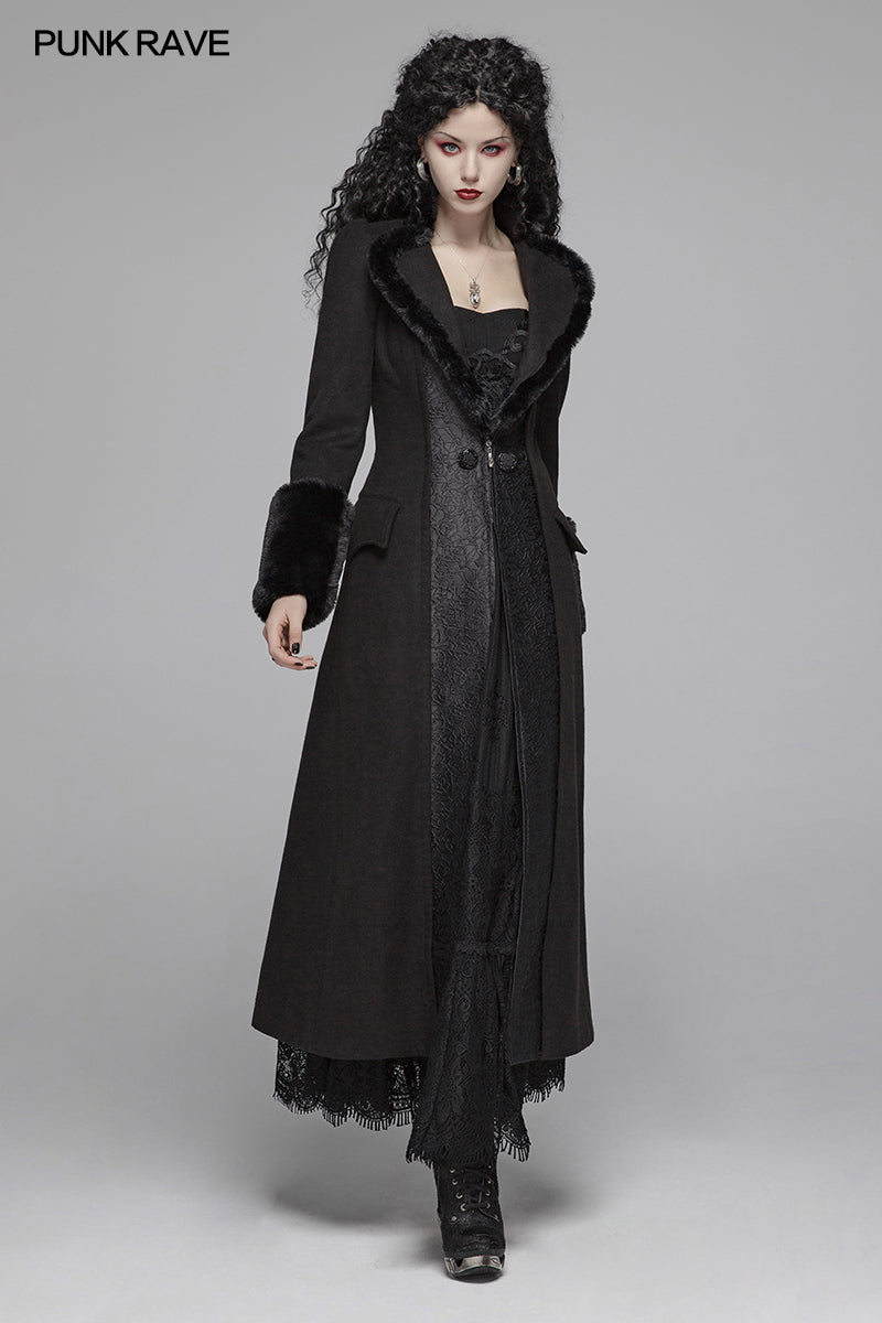 WY-1040 Gothic Women Gorgeous V-neck Long Coat With Detachable Imitation Wool Cuffs