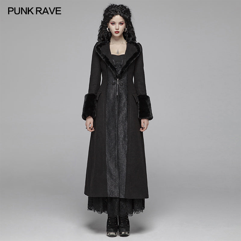 WY-1040 Gothic Women Gorgeous V-neck Long Coat With Detachable Imitation Wool Cuffs