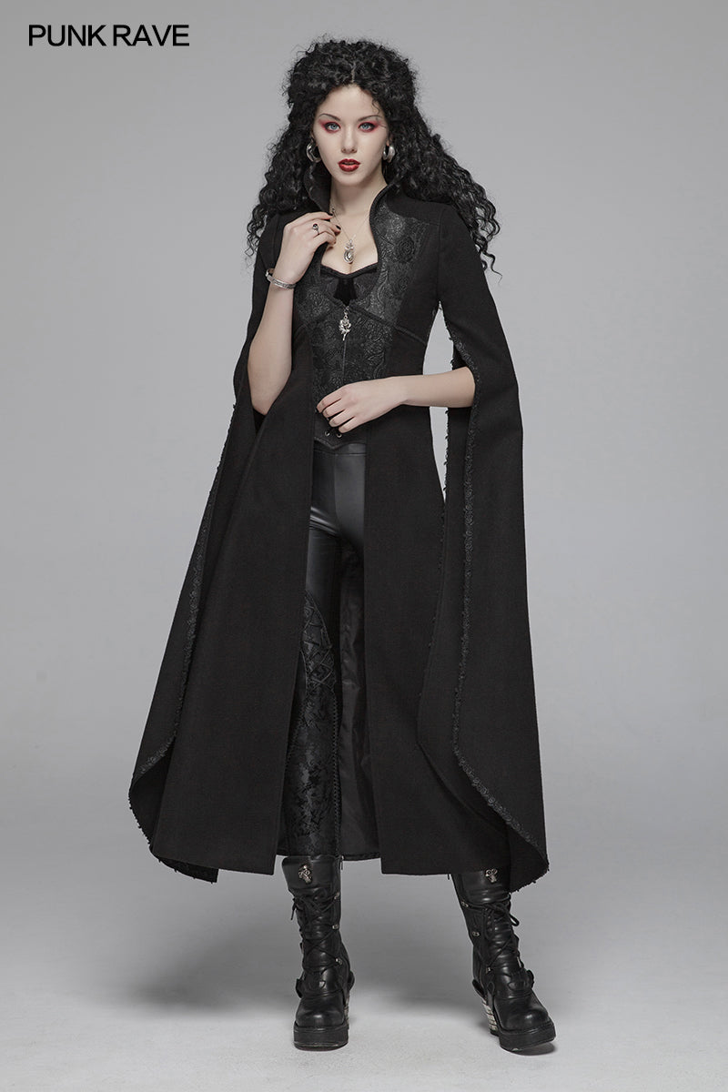 WY-1044 Gothic Double-sided Woolen Standing Collar Long Coat With Broken Block-style Sleeves For Women