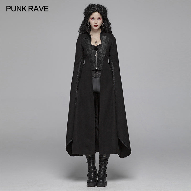 WY-1044 Gothic Double-sided Woolen Standing Collar Long Coat With Broken Block-style Sleeves For Women