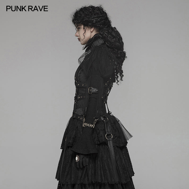 WY-1047 Steampunk Standing Collar Long Sleeve Cross Short Coat