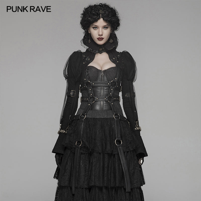 WY-1047 Steampunk Standing Collar Long Sleeve Cross Short Coat