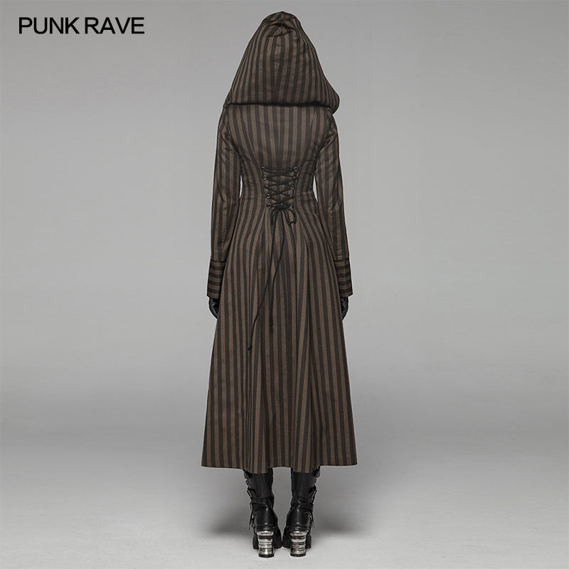 WY-1034 Steam Punk Hooded Striped High-low Long Coat