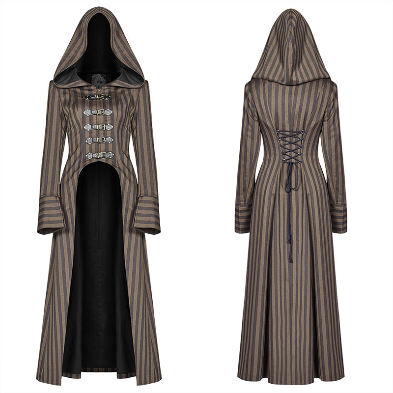 WY-1034 Steam Punk Hooded Striped High-low Long Coat