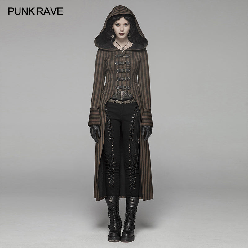 WY-1034 Steam Punk Hooded Striped High-low Long Coat