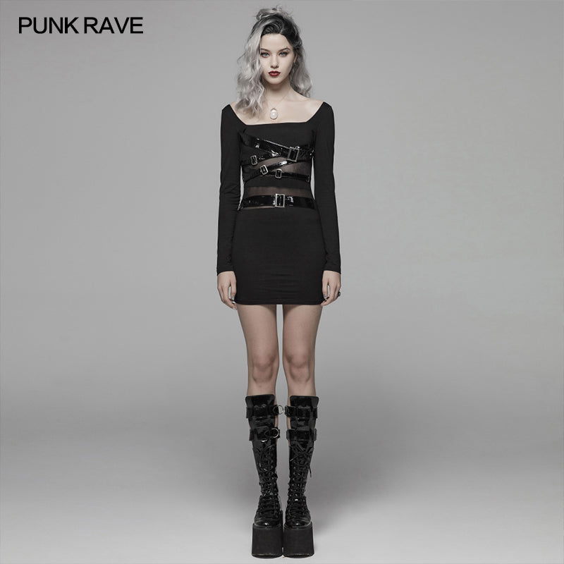 WQ-425 Punk PU Leather Loop Slimming Dress