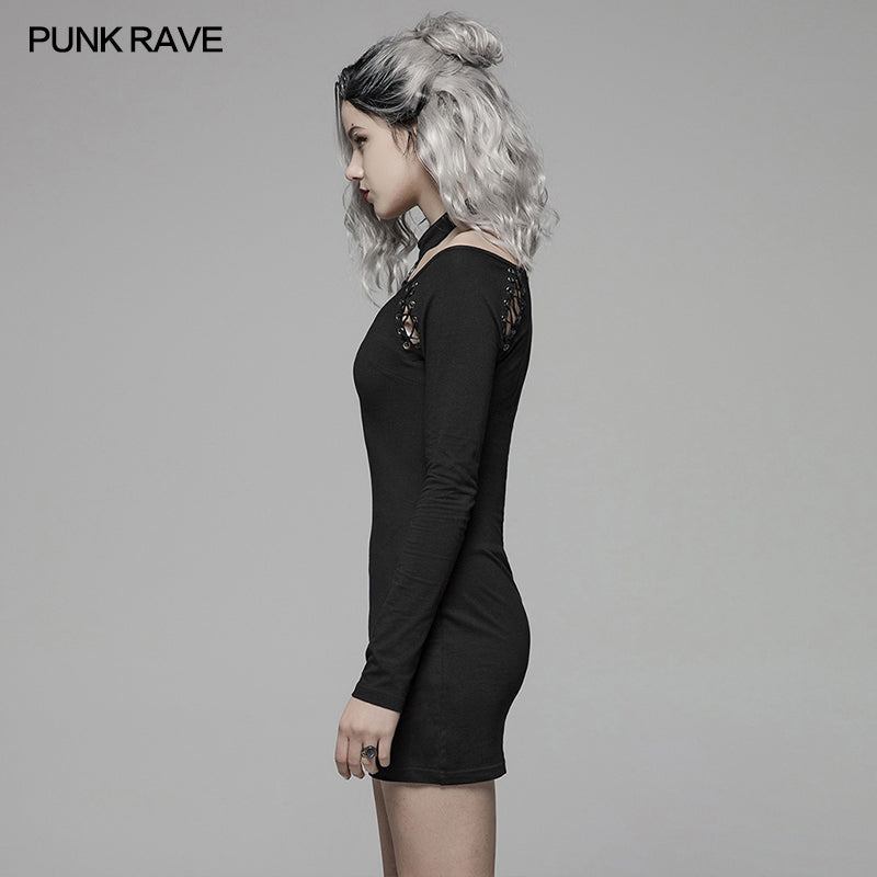 WQ-405 Punk Over Hip Halter Neck Long Sleeve Dress For Women