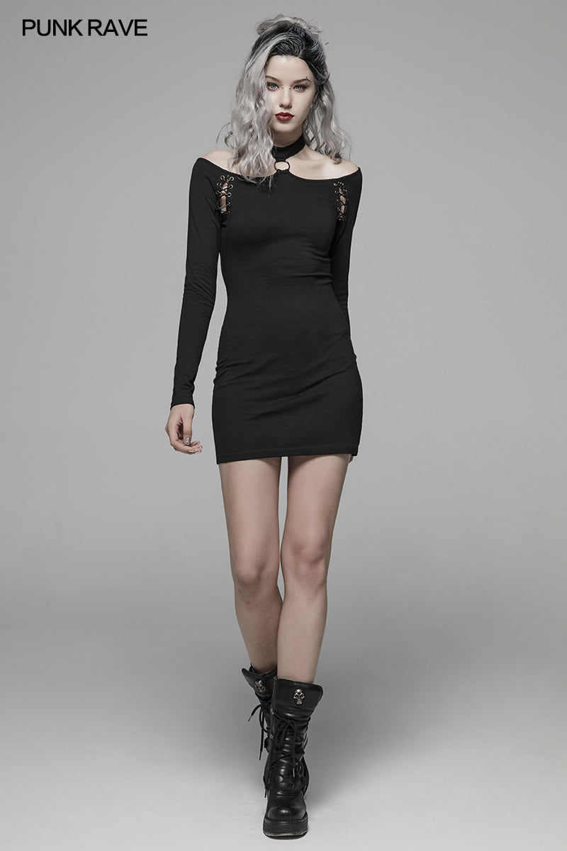 WQ-405 Punk Over Hip Halter Neck Long Sleeve Dress For Women