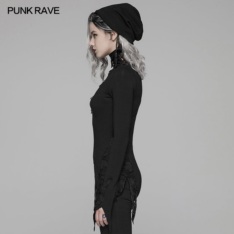 WT-574 Dark Punk High Collar Long-sleeved Asymmetrical Knitting T-shirt