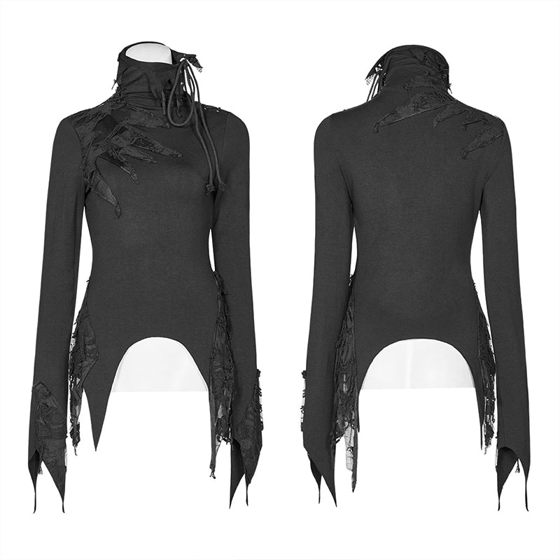 WT-574 Dark Punk High Collar Long-sleeved Asymmetrical Knitting T-shirt