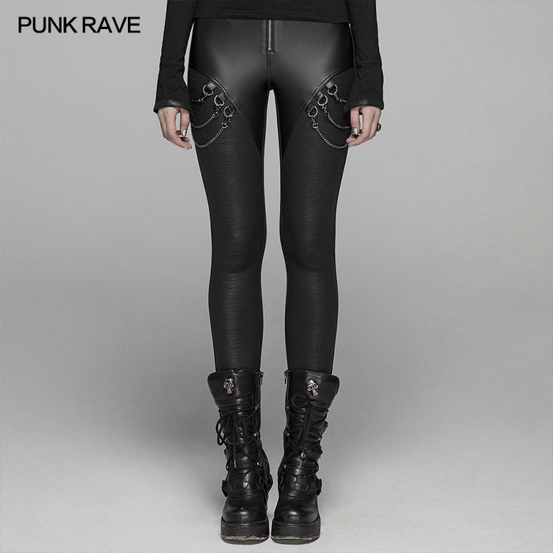 WK-375 PUNK Women PU Leather Leggings Crack Velvet Tight Pants With Detachable Metal Chain