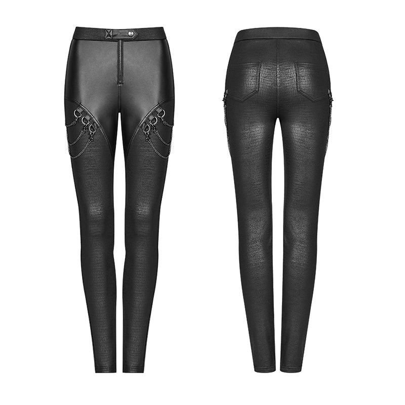 WK-375 PUNK Women PU Leather Leggings Crack Velvet Tight Pants With Detachable Metal Chain