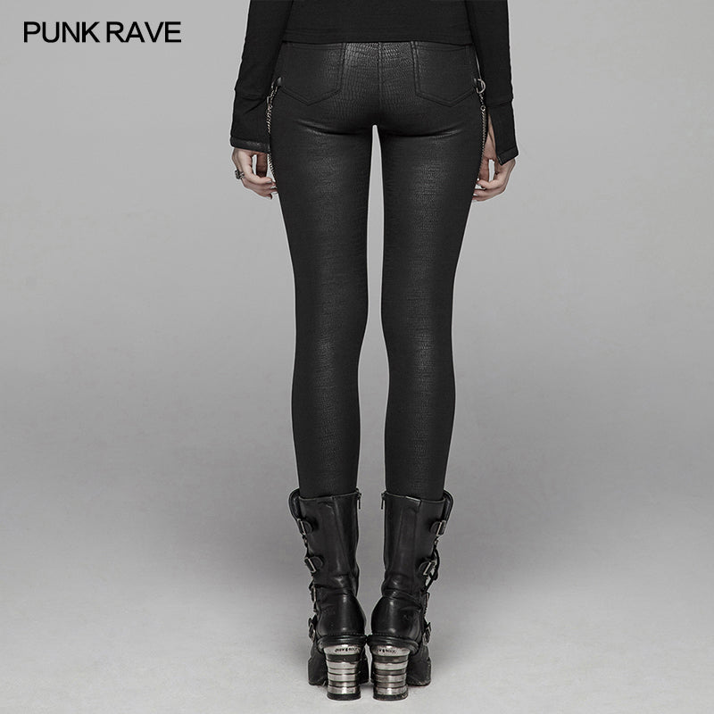 WK-375 PUNK Women PU Leather Leggings Crack Velvet Tight Pants With Detachable Metal Chain