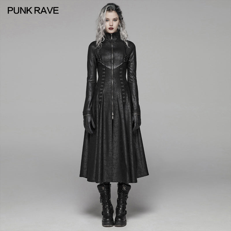 WY-1065 Dark Punk Slit Long Coat With Metal Double-head Zipper