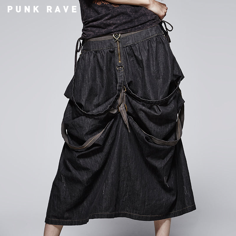 Q-245 Steampunk Calf Length Cascaded Punk Skirt