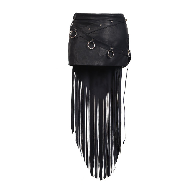 Q-249 black Tassel Asymmetrical Free Prom Leather Short Punk Skirt