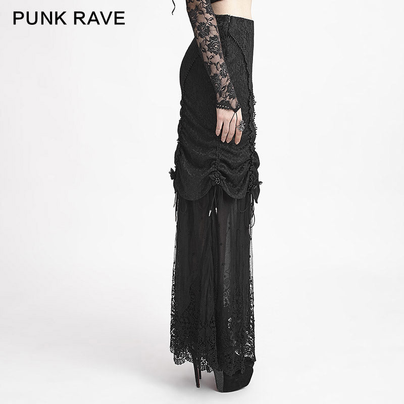 Q-272 Winter Women black Long Lace Fishtail Fashion Gothic Skirt