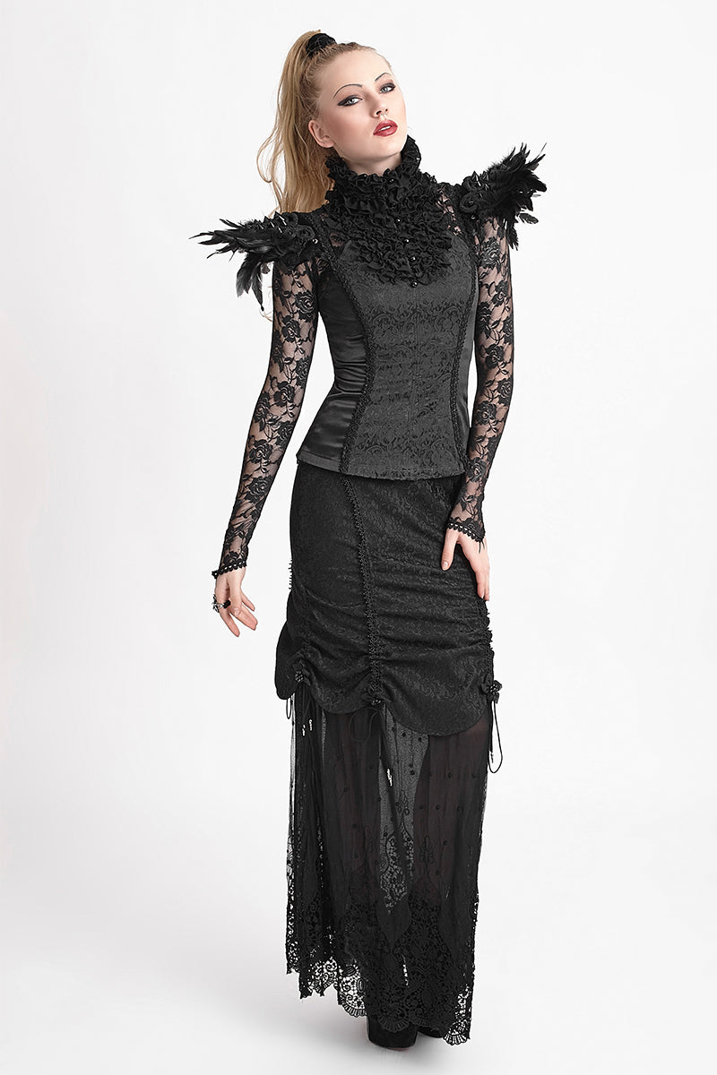 Q-272 Winter Women black Long Lace Fishtail Fashion Gothic Skirt