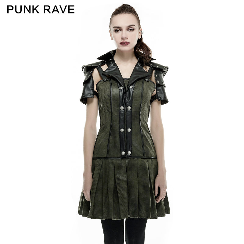 Q-288 High Collar Backless Short Sleeve Pleated Punk Dress