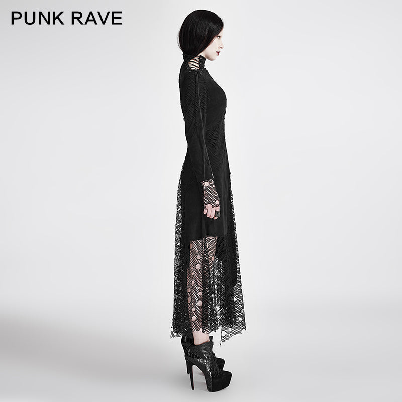 Q-294 Sexy Asymmetrical Mesh High Neck Punk Dress Stitching With Fake Suede Fabric