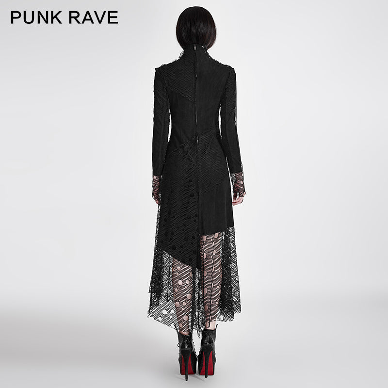 Q-294 Sexy Asymmetrical Mesh High Neck Punk Dress Stitching With Fake Suede Fabric