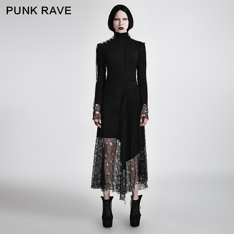 Q-294 Sexy Asymmetrical Mesh High Neck Punk Dress Stitching With Fake Suede Fabric