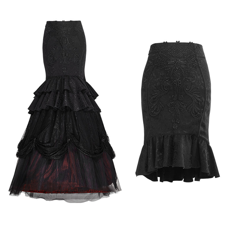 Q-297 Palace Unique black Tight Flowers Embroidery Fishtail Gothic Skirt