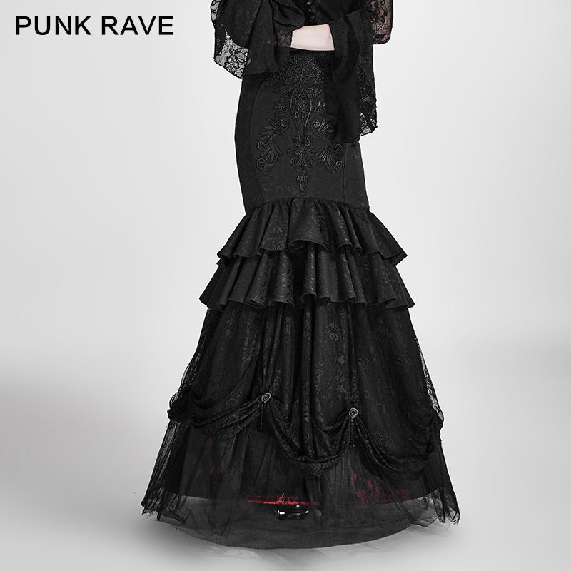 Q-297 Palace Unique black Tight Flowers Embroidery Fishtail Gothic Skirt