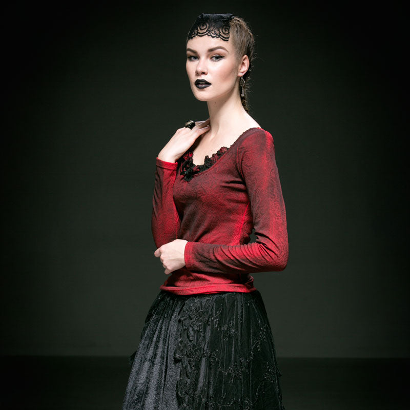 T-371 Red Big Collar Long Sleeve With Lace Gothic Shirt