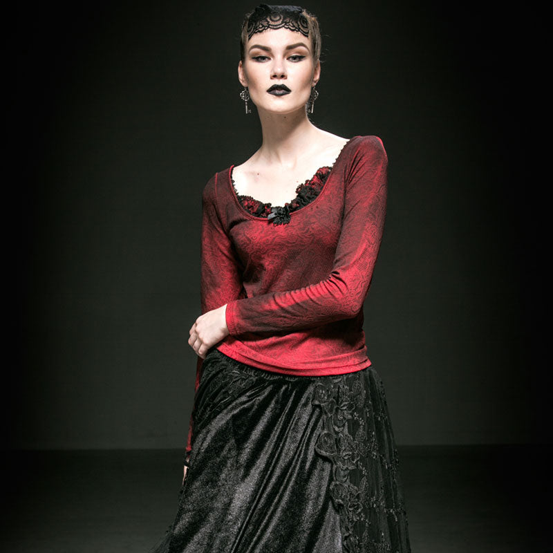 T-371 Red Big Collar Long Sleeve With Lace Gothic Shirt