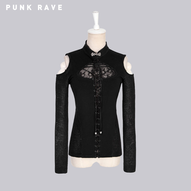 T-379 Retro Band Gothic Shirt With Standing Collar For Women