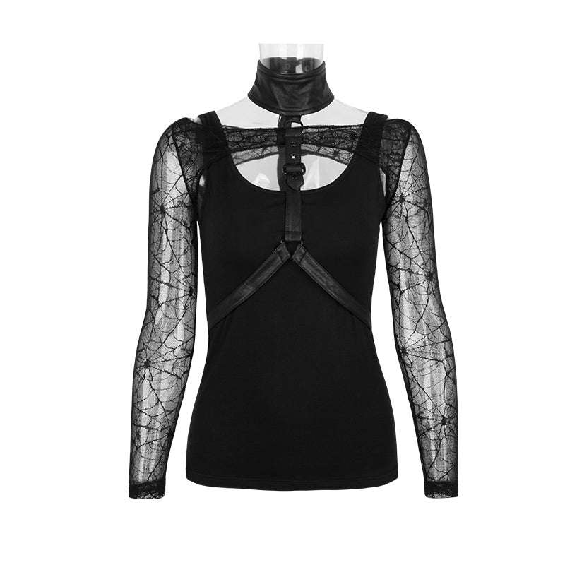 T-402 Two-piece Lace Mesh Cotton Backless Skinny Gothic Shirt