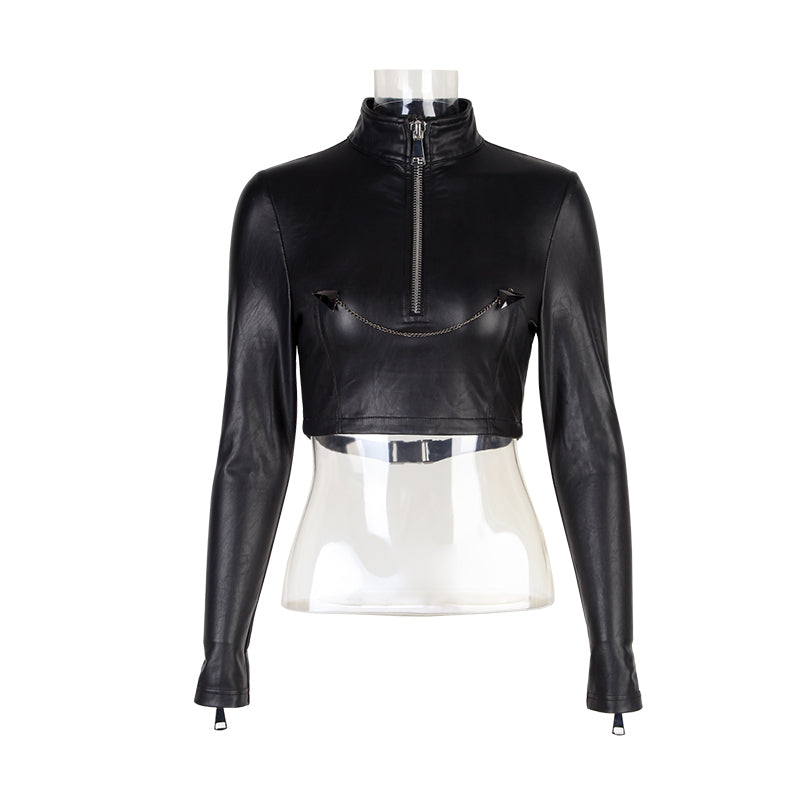 T-406 Top Elastic Sexy Short Sleeve Leather Punk Shirts